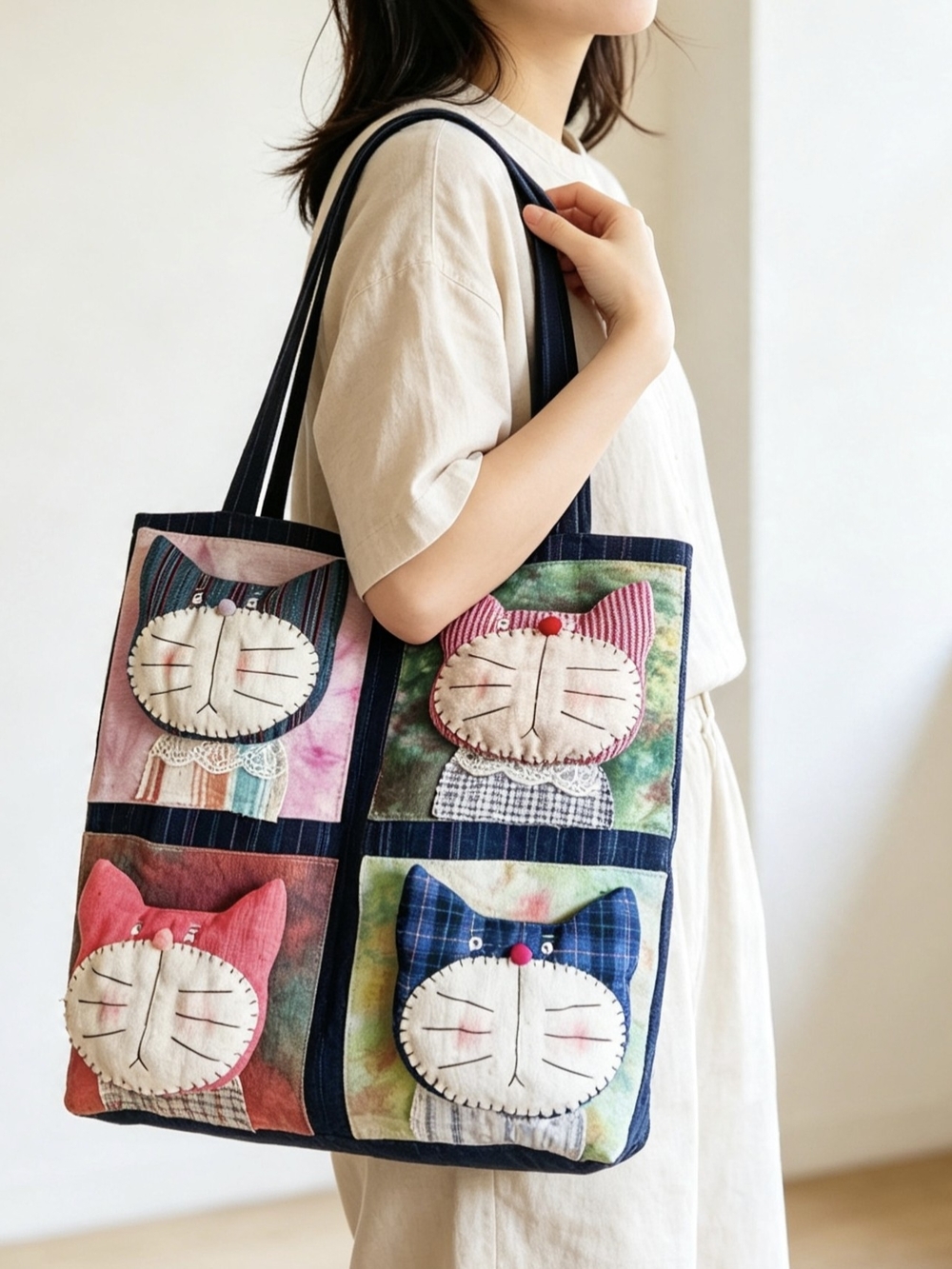 Handmade Patchwork Cat Tote Bag,Cottagecore Shoulder Bag